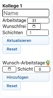Snapshot des oberen Formulars mit Feldern für Location, Monat, dienstfreie Tage und Schichtsystem